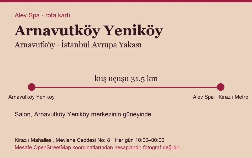 Yeniköy (Arnavutköy) masaj salonu rota kartı: Alev Spa'ya kuş uçuşu 31,5 km, salon güneyinde