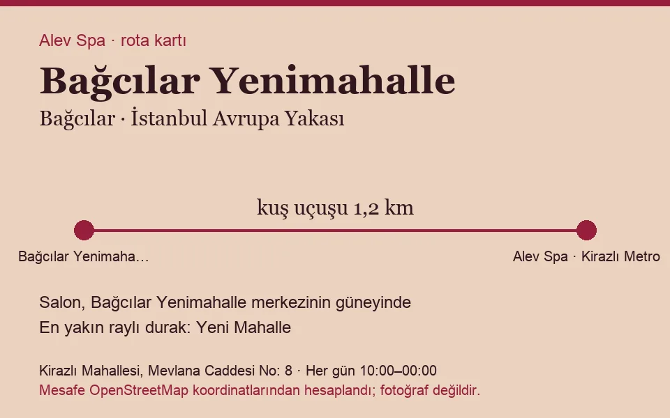 Yenimahalle (Bağcılar) masaj salonu rota kartı: Alev Spa'ya kuş uçuşu 1,2 km, salon güneyinde