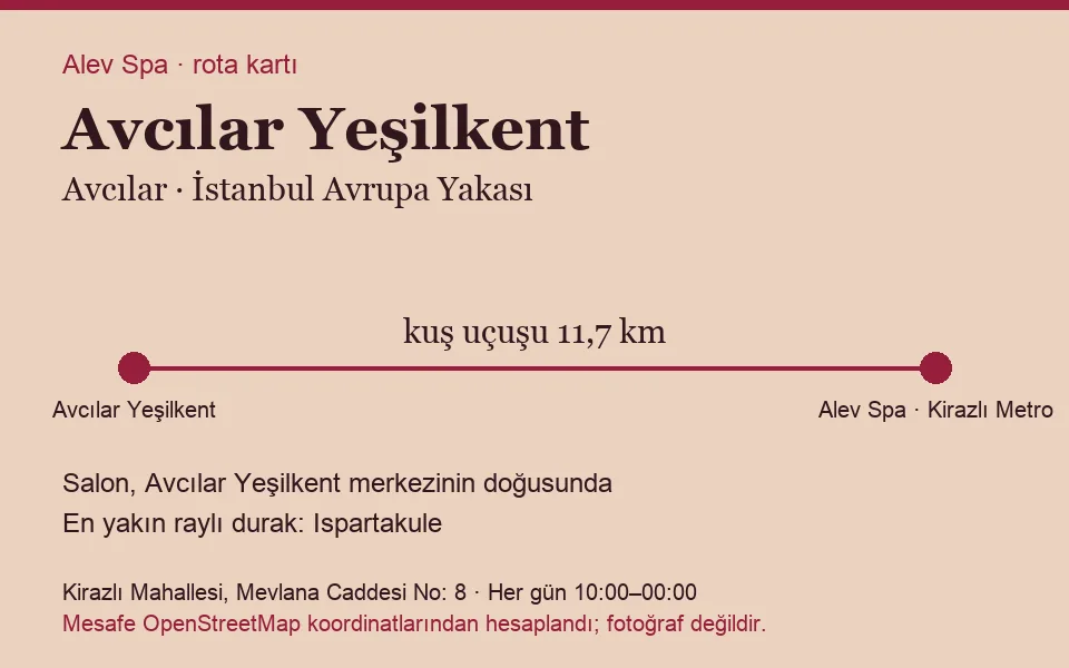 Yeşilkent (Avcılar) masaj salonu rota kartı: Alev Spa'ya kuş uçuşu 11,7 km, salon doğusunda