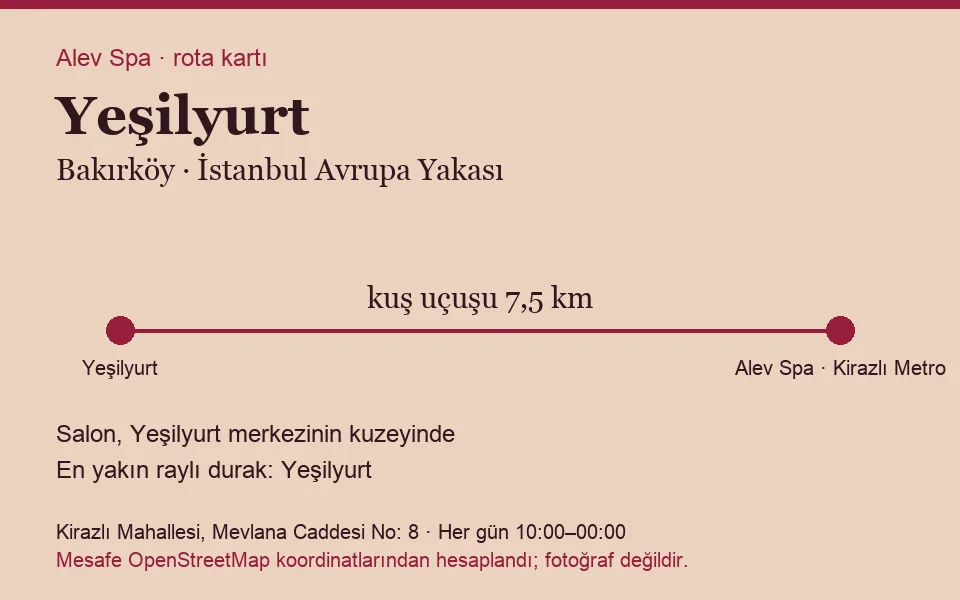Yeşilyurt masaj salonu rota kartı: Alev Spa'ya kuş uçuşu 7,5 km, salon kuzeyinde