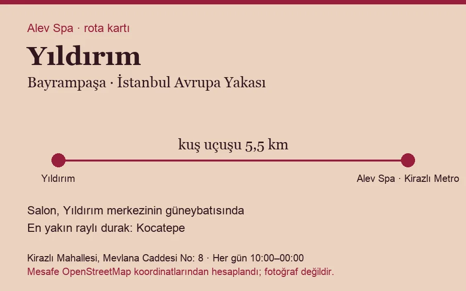 Yıldırım masaj salonu rota kartı: Alev Spa'ya kuş uçuşu 5,5 km, salon güneybatısında