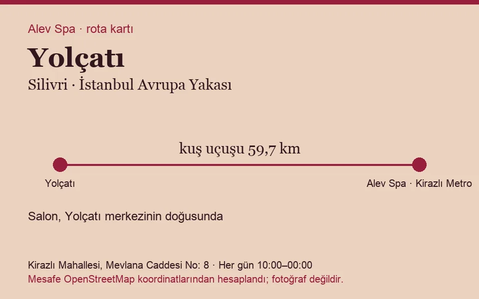 Yolçatı masaj salonu rota kartı: Alev Spa'ya kuş uçuşu 59,7 km, salon doğusunda