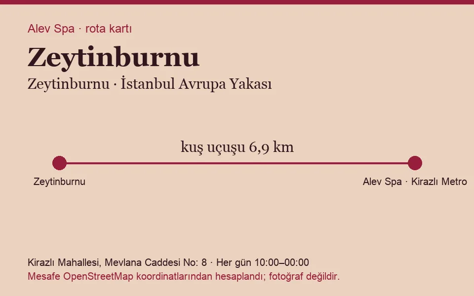 Zeytinburnu masaj salonu rota kartı: Alev Spa'ya kuş uçuşu 6,9 km
